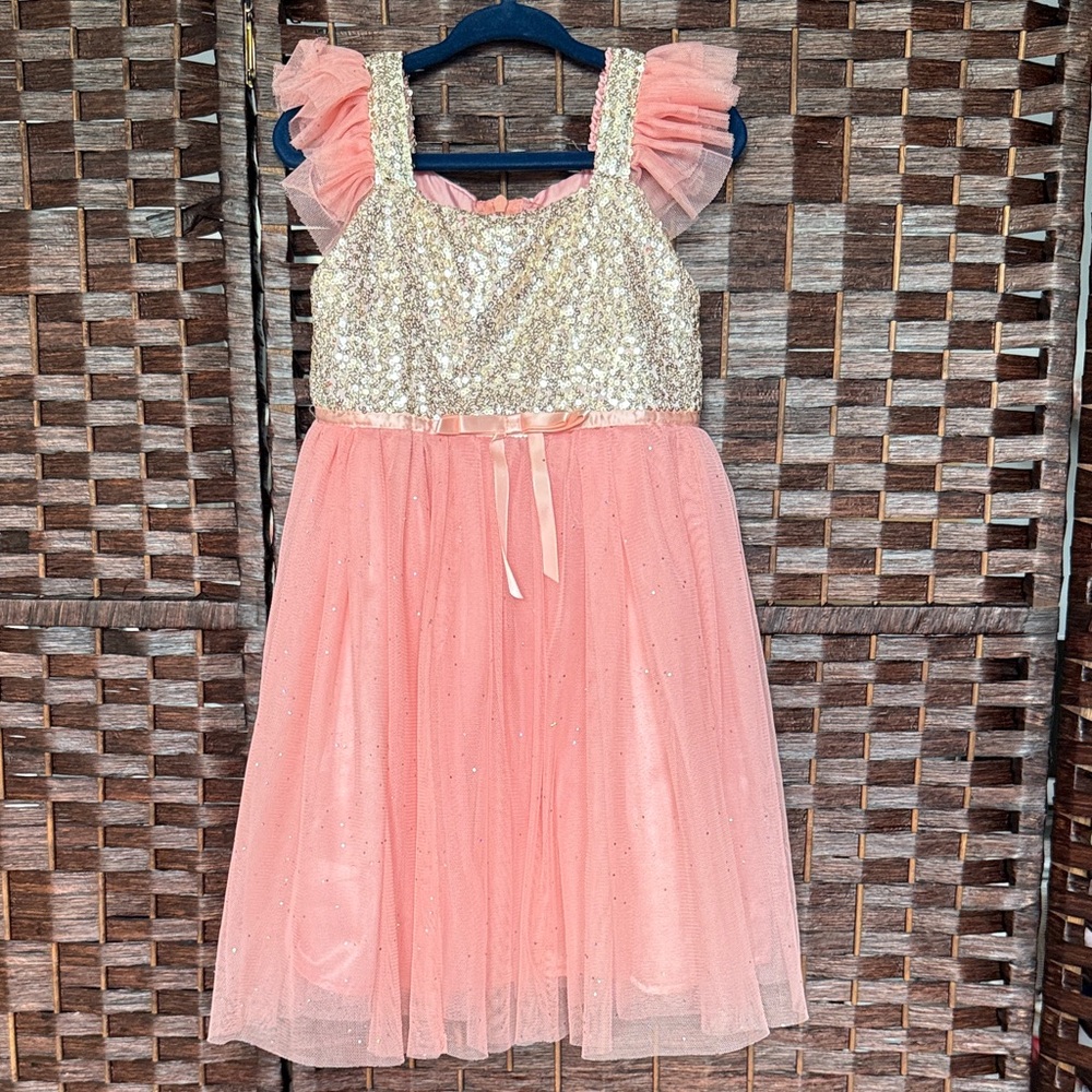 Girls 4 Popatu peachy pink & sparkly gold dressy tulle dress fancy EUC